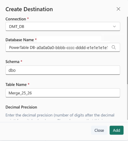 Screenshot of the Create destination configuration.