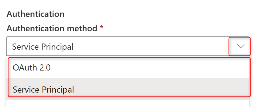 Screenshot of authentication method options in new semantic model connection.