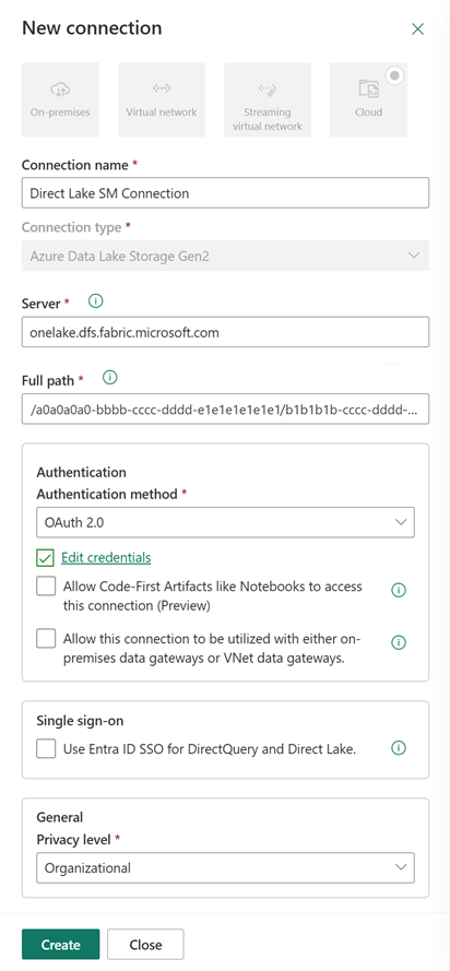 Screenshot of creating a new Direct Lake connection.