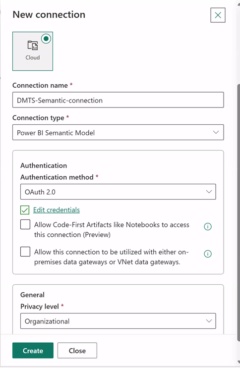 Screenshot of creating a new semantic model connection.