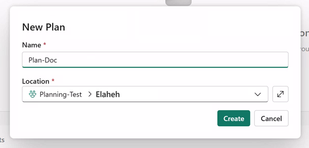 Screenshot of providing name and location details for a new plan.