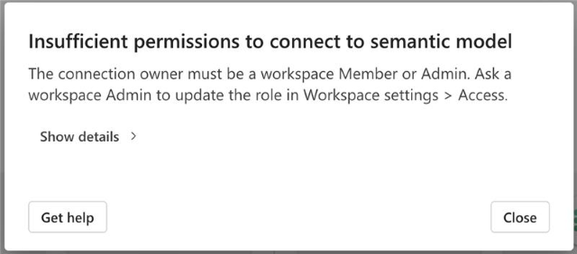 Screenshot of the error message showing insufficient permissions to connect to semantic model.
