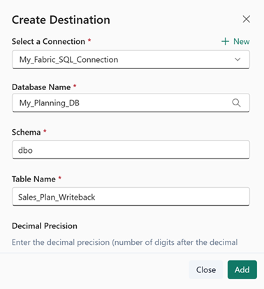 Screenshot of creating a writeback destination.