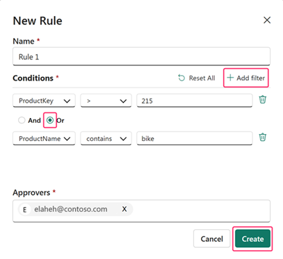 Screenshot of adding multiple filters to a new rule, using And and Or.