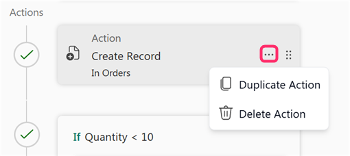 Screenshot of a workflow action with the highlighted More options button and a menu offering Duplicate Action and Delete Action.