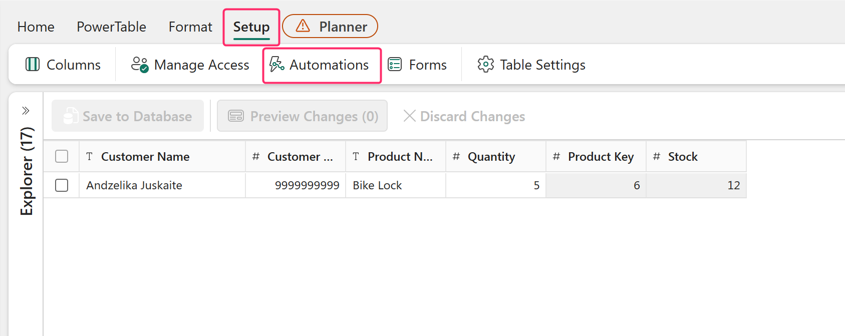 Screenshot of the PowerTable ribbon with the Setup tab and Automations button highlighted.