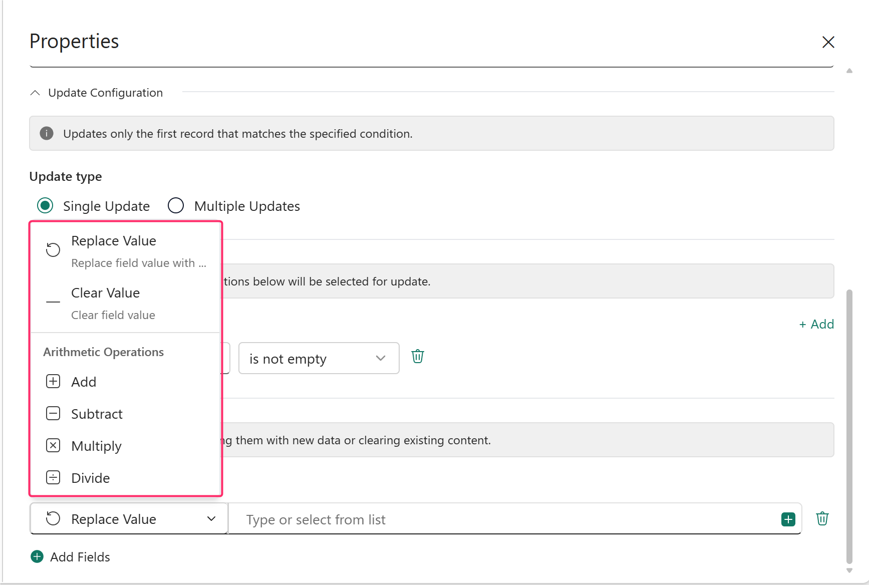 Screenshot of update field dropdown listing Replace Value, Clear Value, and arithmetic options in the Update Configuration pane.