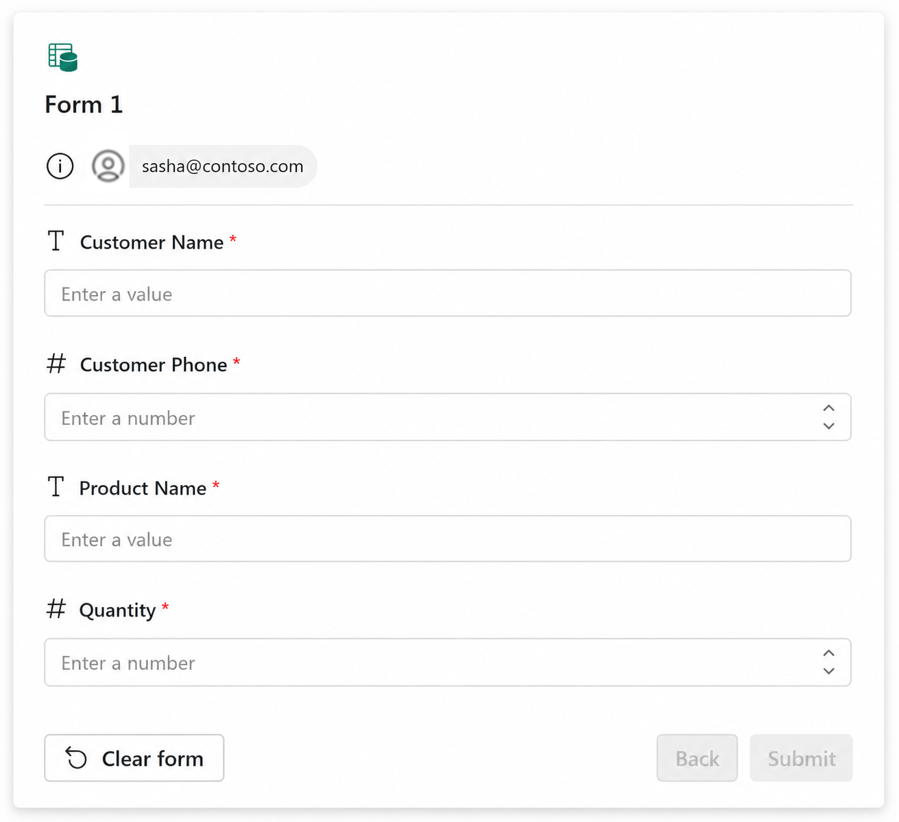 Screenshot of Form collecting customer name, phone, product name, and quantity for order requests.