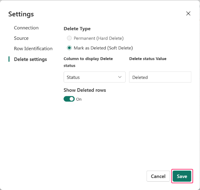 Screenshot of configuring the settings for different types of delete.