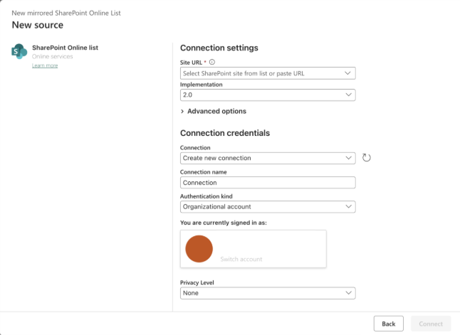 Screenshot of SharePoint Online list connection setup dialog with site URL, credentials, and privacy level options.