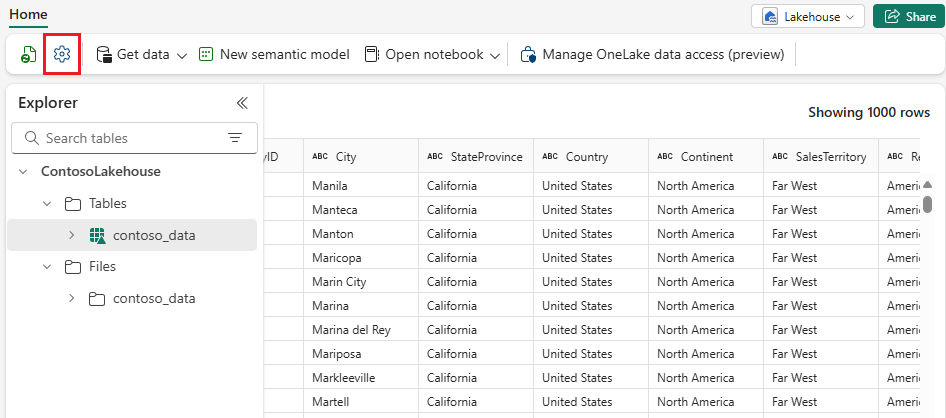 Screenshot that shows the settings icon in a lakehouse.