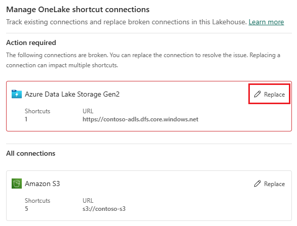 Screenshot that shows the replace option for a shortcut connection.