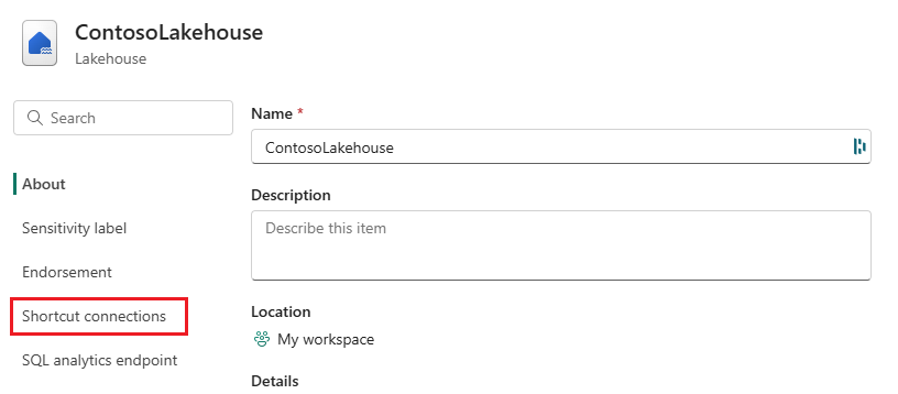 Screenshot that shows the shortcut connections options in the lakehouse settings menu.