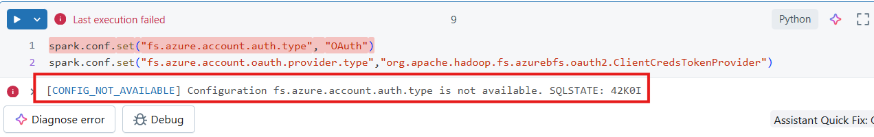 Screenshot showing error message if a user attempts to modify unsupported Spark config in serverless compute.
