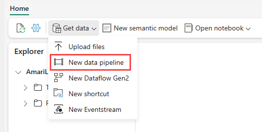 Screenshot showing how to navigate to new pipeline option from within the UI.
