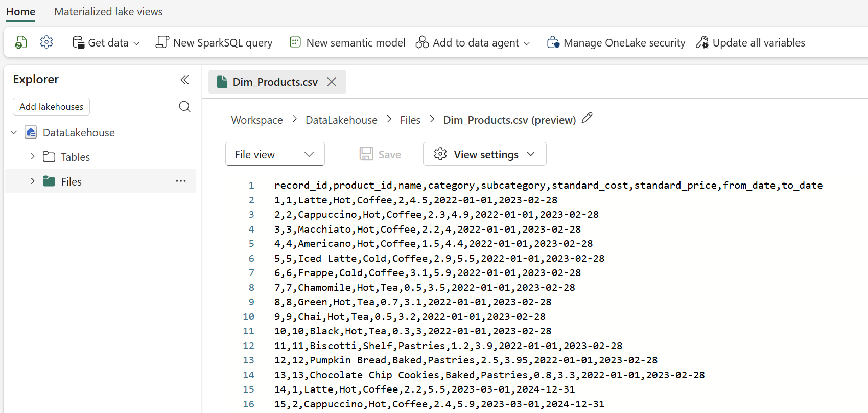 A screenshot of the Fabric portal that shows unstructured csv data in the Files section of a lakehouse.