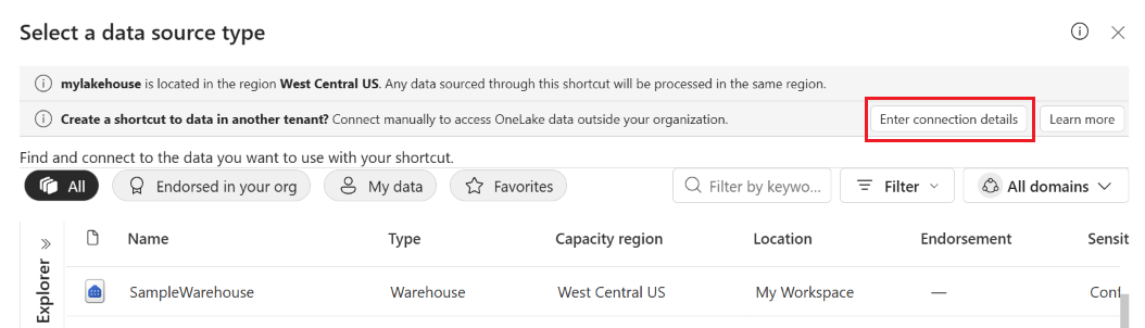 Screenshot that shows the button to enter connection details to OneLake in an external tenant.