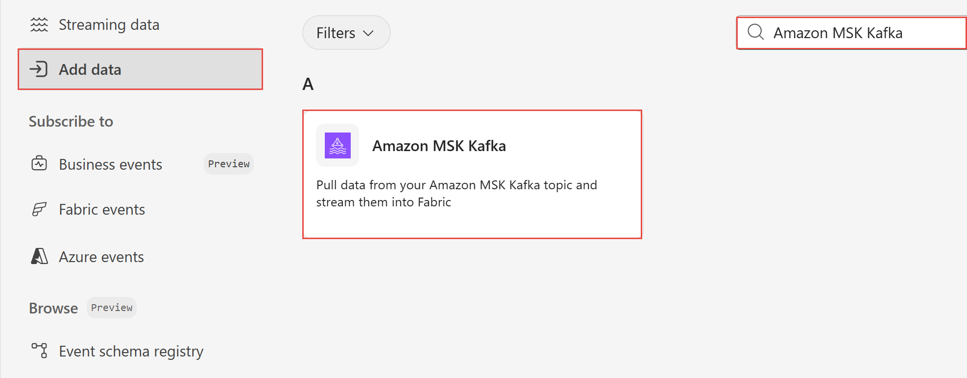 A screenshot of selecting Amazon MSK Kafka.