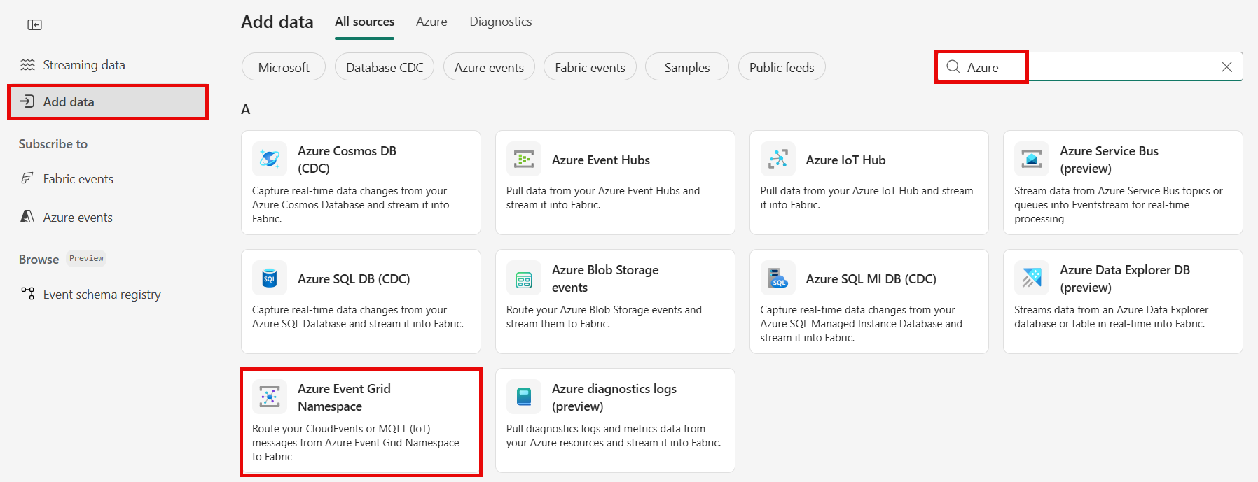 Screenshot that shows the selection of Azure Event Grid namespace as the source type in the Data sources page.