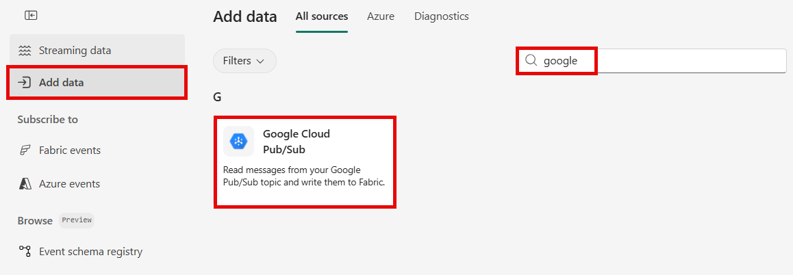 Screenshot that shows the Select a data source page with Google Cloud Pub/Sub selected.