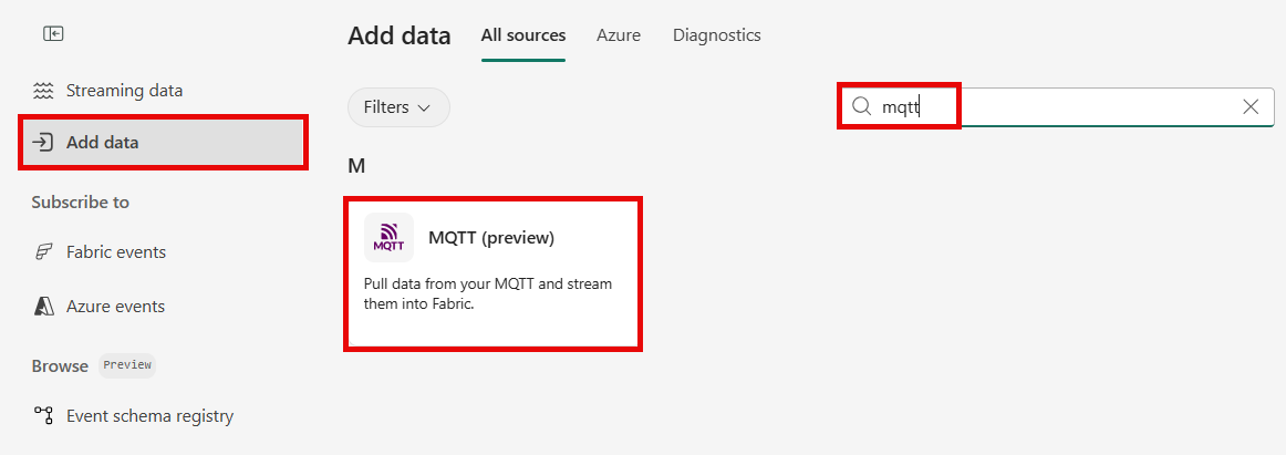 Screenshot that shows the Data sources page with Connect on the MQTT tile selected.