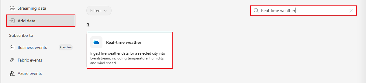 Screenshot that shows the Data sources page with Connect on the Real-time weather tile.