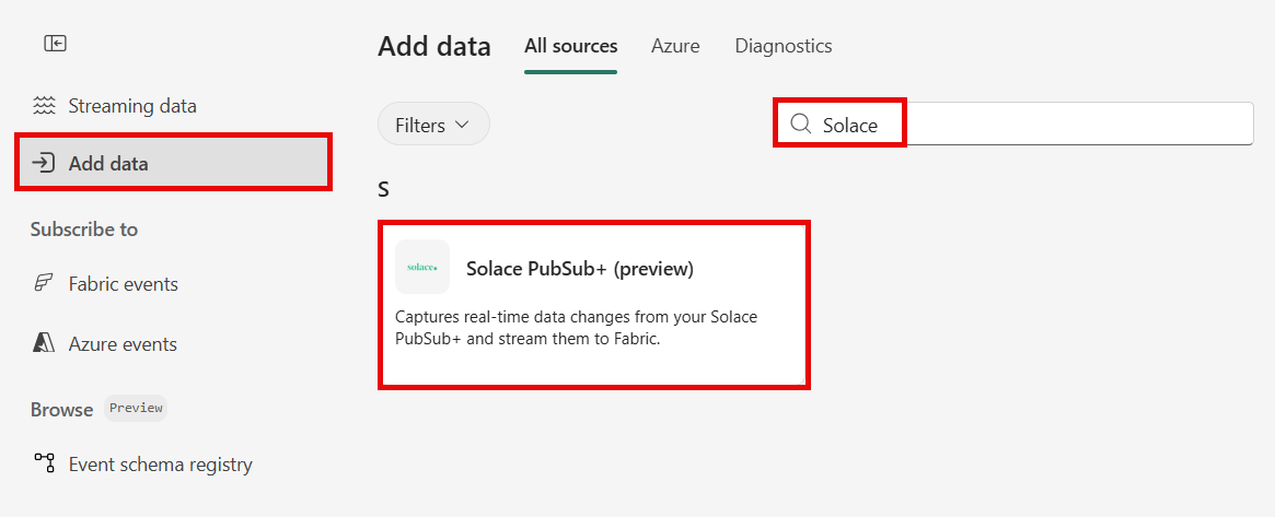 Screenshot that shows the Data sources page with Connect on the Solace PubSub+ tile selected.