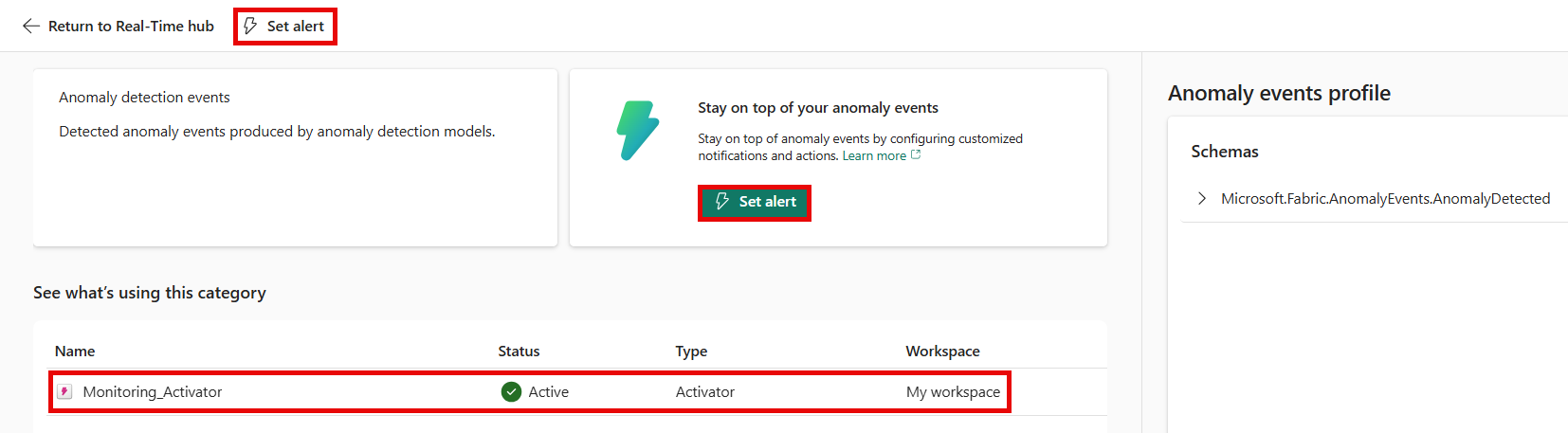 Screenshot that shows the detail page for OneLake events.