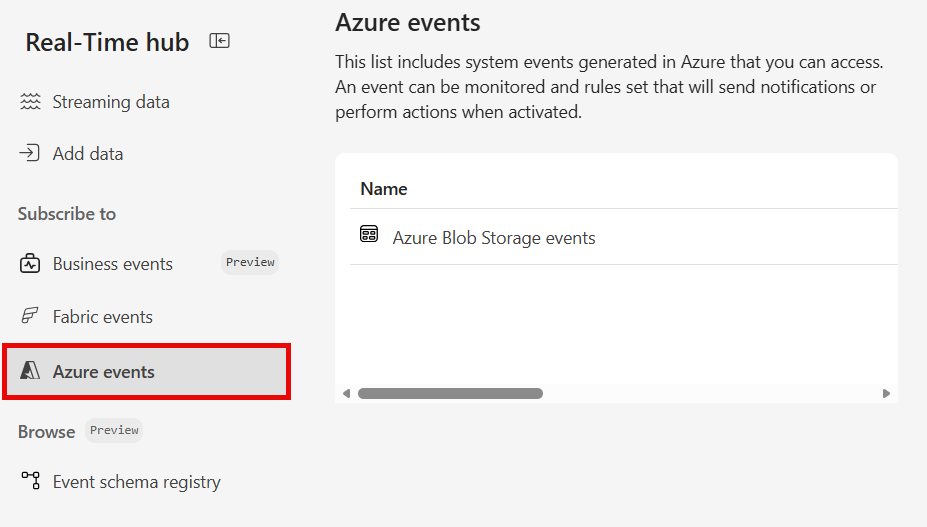 Screenshot that shows the selection of Azure blob storage events in the Azure events page.
