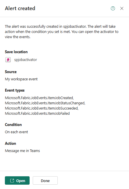 Screenshot that shows Alert created page.