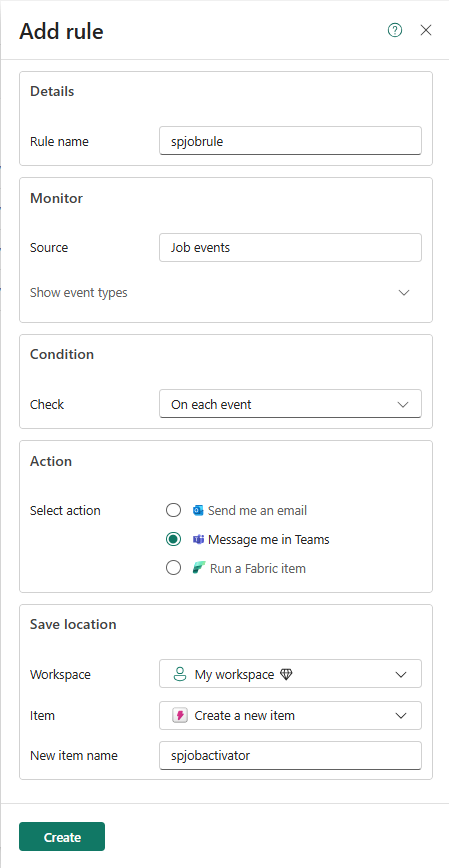 Screenshot that shows the Set alert page with all fields selected.