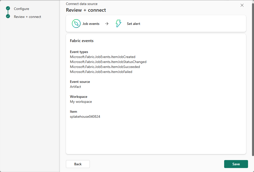 Screenshot that shows the Add source wizard Review and create page for Job events.