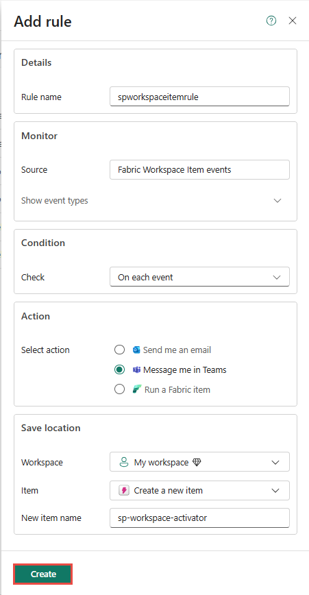 Screenshot that shows the Set alert page with all fields selected.