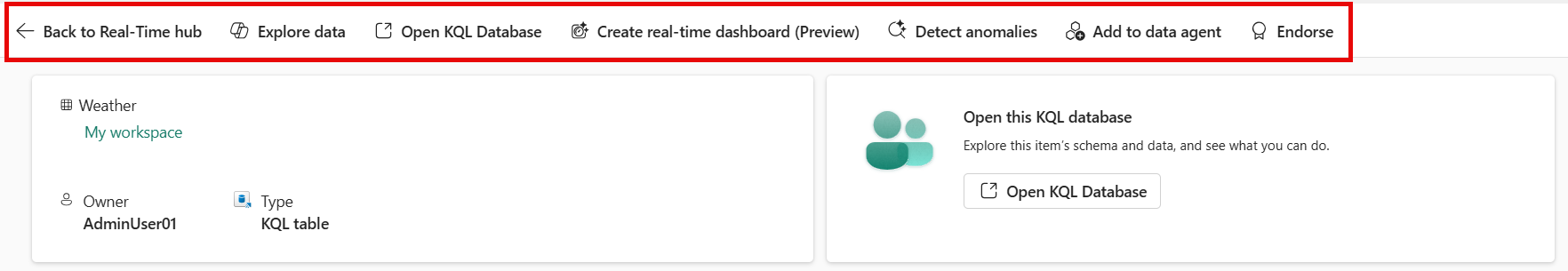 Screenshot that shows the actions available for a KQL table in the detail view page.