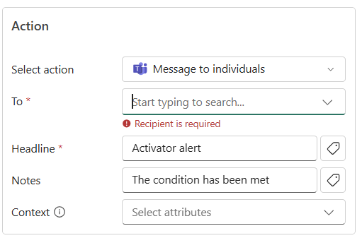 Screenshot of the Send Microsoft Teams notification section in the Add Rule side pane.