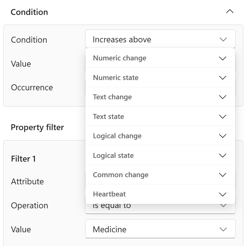 Screenshot of the Condition section in the Definition pane showing the Condition drop-down expanded with eight collapsed categories: Numeric change, Numeric state, Text change, Text state, Logical change, Logical state, Common change, and Heartbeat.