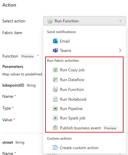 Screenshot of the Run Fabric activities section in the Add Rule side pane.