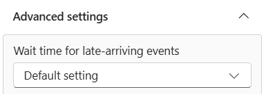 Screenshot of the rule Definition screen with Advanced settings expanded, showing the Wait time for late-arriving events setting.