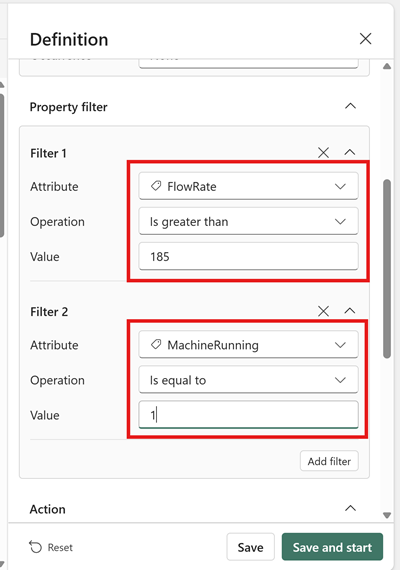 Screenshot of the rule with filters added for FlowRate and MachineRunning properties.