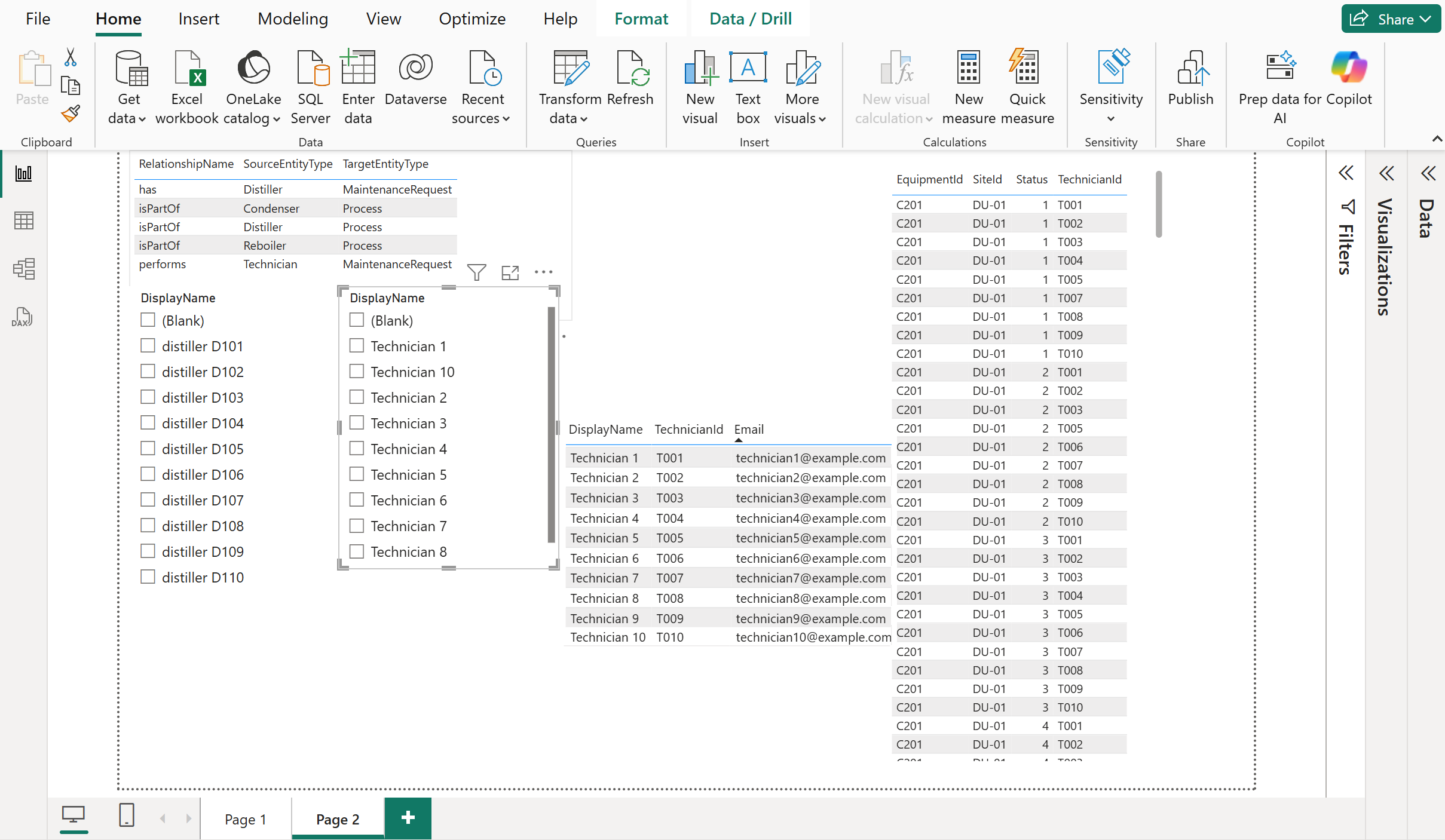 Power BI report page 2, showing relationship instance data for maintenance orders.
