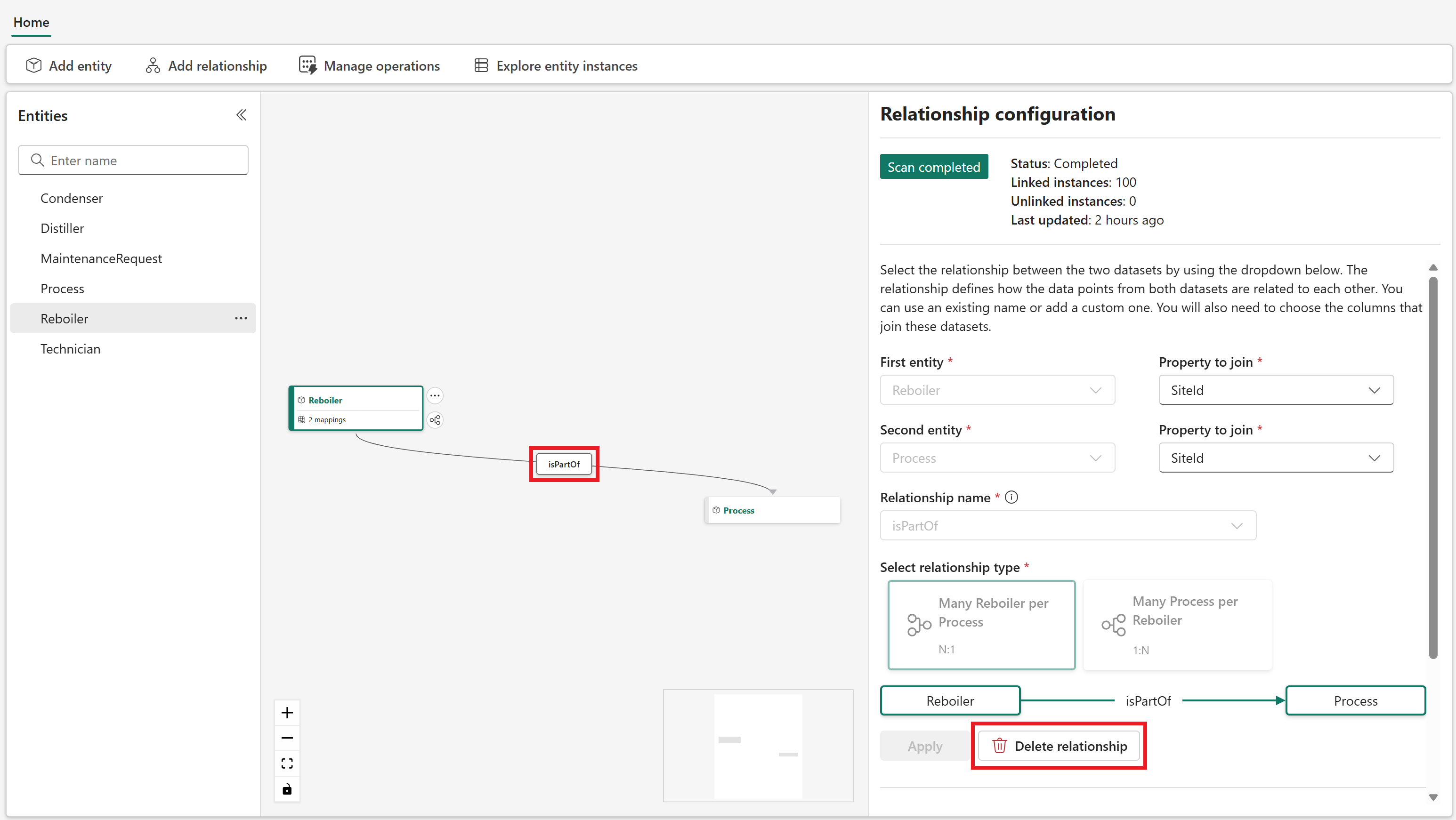 Screenshot showing how to delete a relationship type.