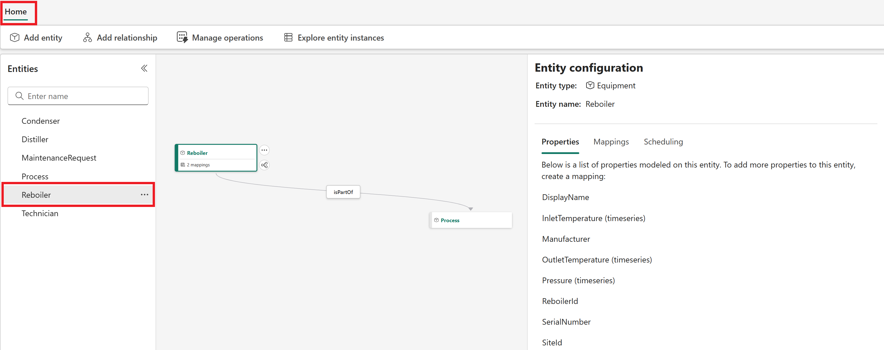 Screenshot showing the Reboiler entity type back in the Home tab.