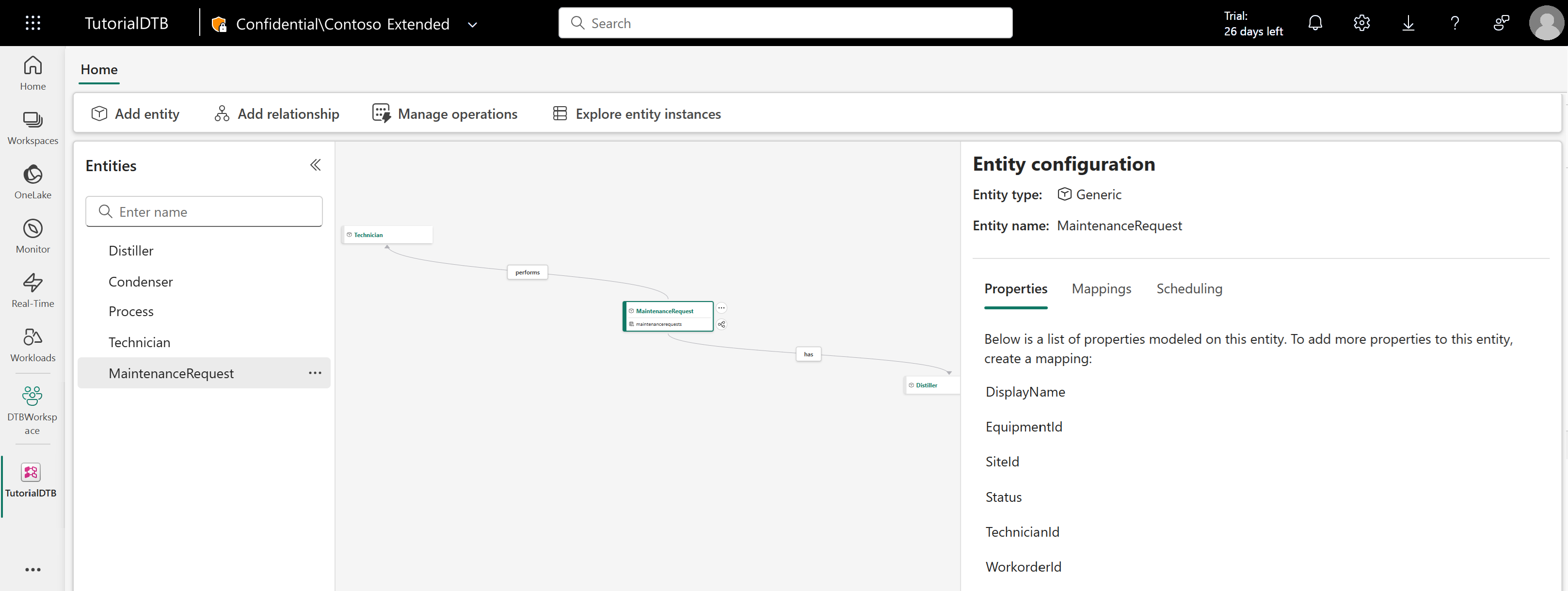 Screenshot showing the relationship types for the Maintenance Request entity type.