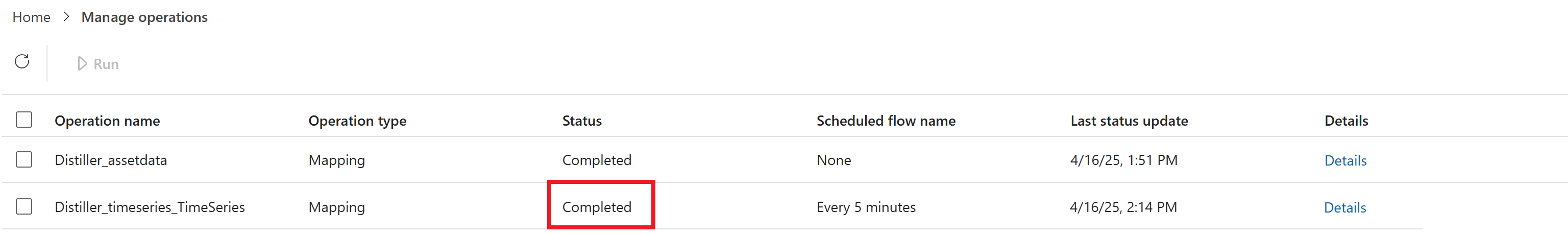 Screenshot of the Manage operations tab with the distiller time series mapping.