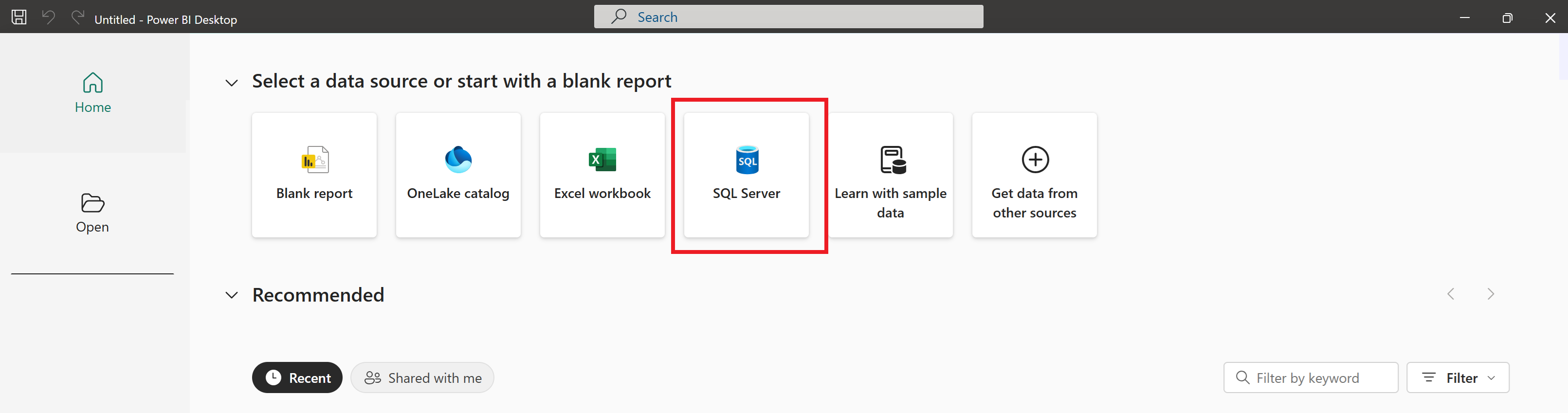 Screenshot of selecting the SQL Server data source.