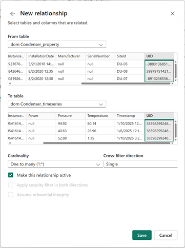 Screenshot of relating the Condenser property and Condenser time series tables in Power BI.