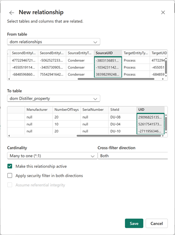Screenshot of relating the relationships and Distiller property tables in Power BI.