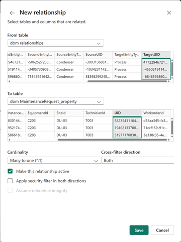 Screenshot of relating the relationships and Maintenance request property tables in Power BI.