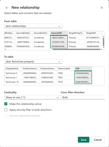 Screenshot of relating the relationships and Technician property tables in Power BI.