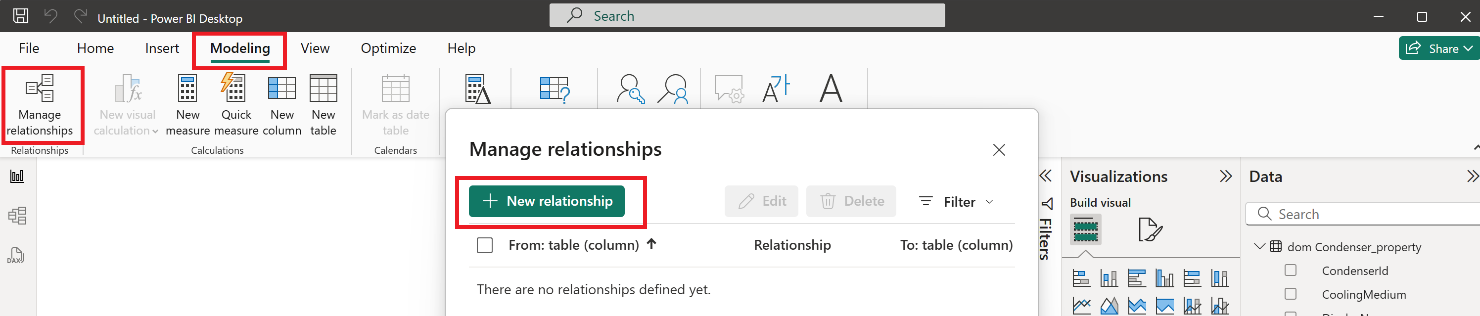 Screenshot of the New relationship button in Power BI.